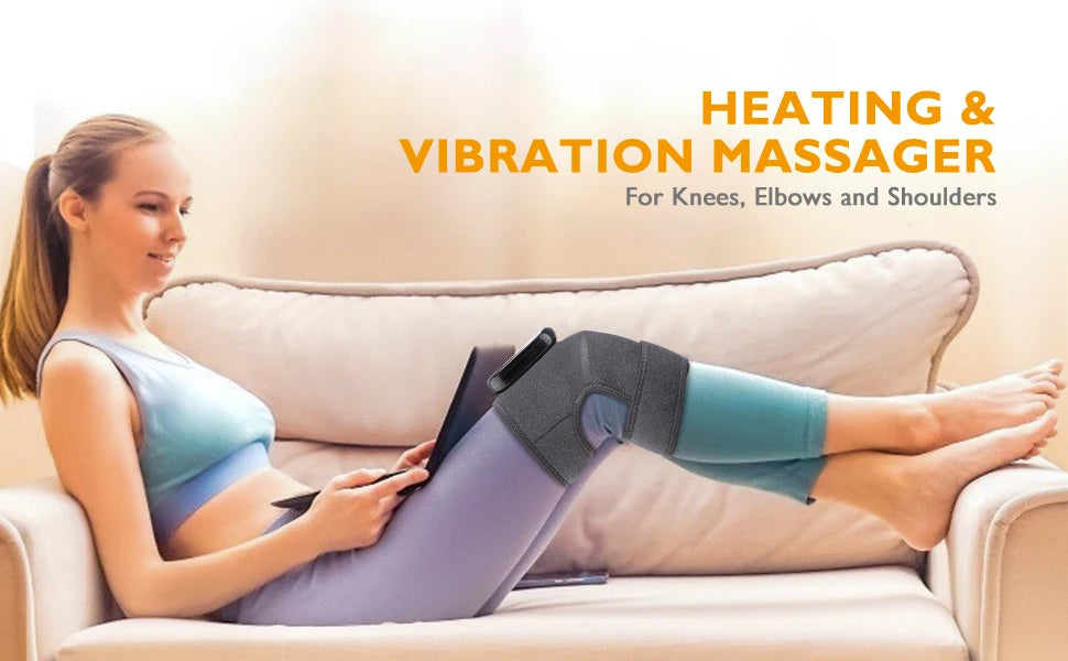 A woman is using a heating and vibration massager for her legs while relaxing on a sofa.