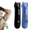 A black and blue precision LED hair removal trimmer is shown next to a man using the device.