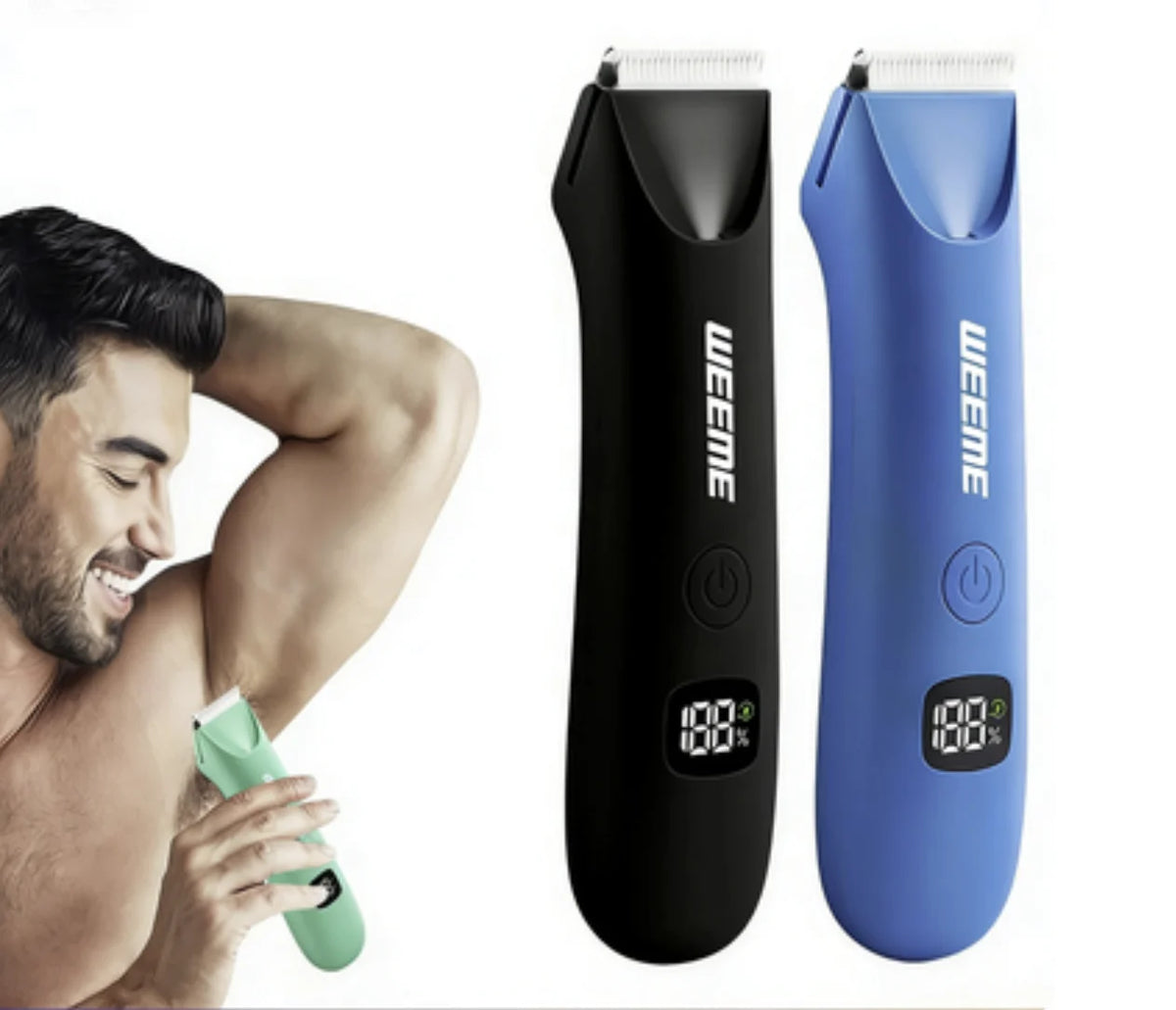 A black and blue precision LED hair removal trimmer is shown next to a man using the device.