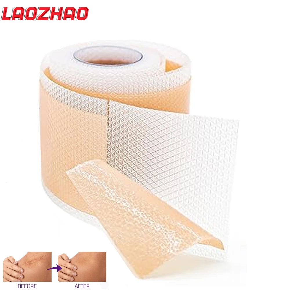 Roll of medical-grade reusable silicone scar sheets showing before and after skin texture for scar reduction