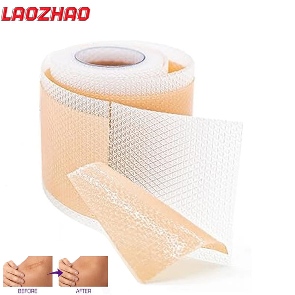 Roll of medical-grade reusable silicone scar sheets showing before and after skin texture for scar reduction