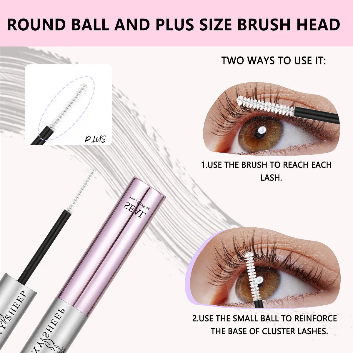 A cosmetic brush head with a round ball and plus size bristles shown for applying lash glue to eyelashes.