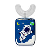 A blue and white electric toothbrush for kids with a clear head, featuring an astronaut design on the body.