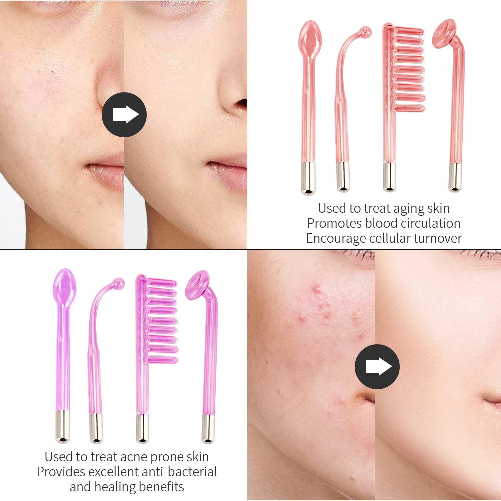 A set of pink facial beauty tools used for treating aging skin and acne-prone skin.