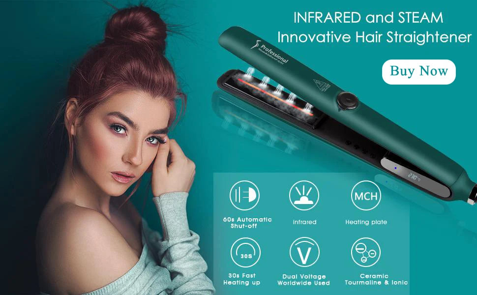 Une femme avec un fer à lisser professionnel vert infrarouge et vapeur innovant en arrière-plan.