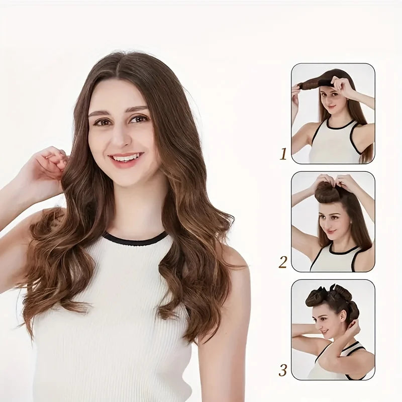 A woman demonstrates three styles of heatless hair curls using curling rods.
