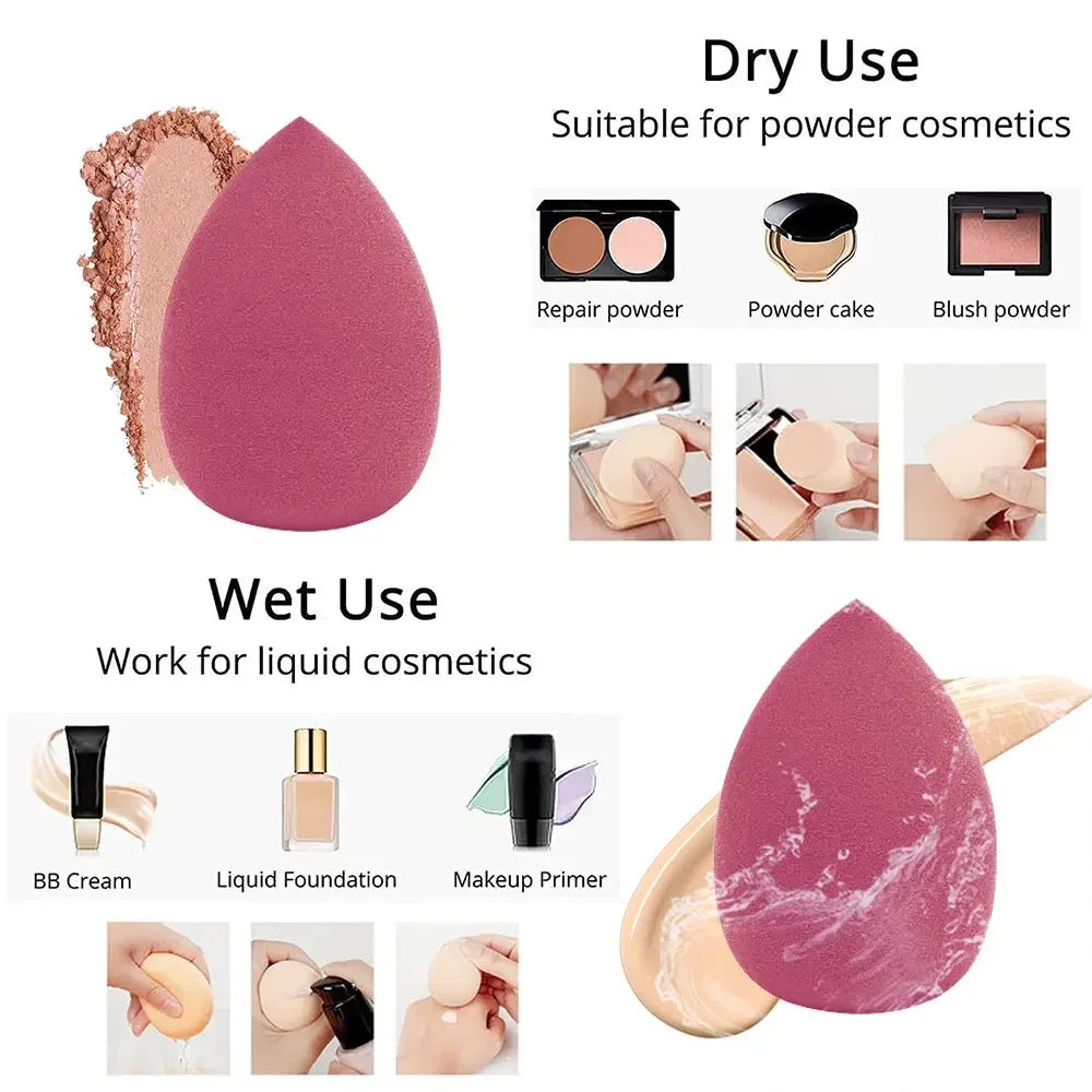 Set of pink multi-sided makeup sponge and powder puff for dry or wet cosmetic use