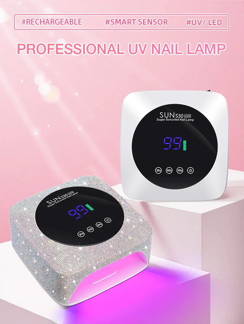 Una lámpara UV profesional de uñas blanca junto a una versión plateada, destacando la luz de curado del 99%.