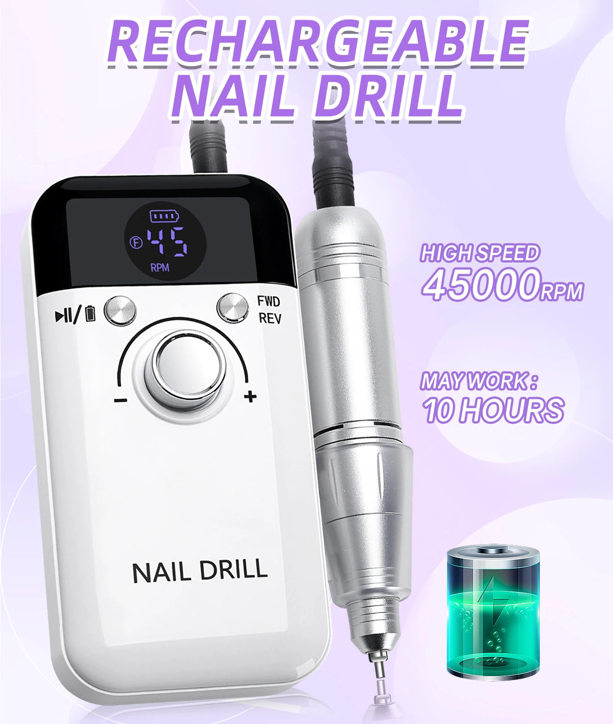 Un appareil à poncer à ongles rechargeable blanc et une fraise d'alliage argenté sont présentés à côté d'un pot de gel liquid