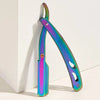 A stainless steel folding shaving razor set with a iridescent purple and green finish.
