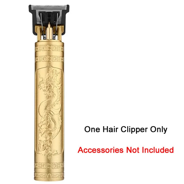 A vintage gold-colored cordless hair clipper with a metal guard and trimmer attachment.