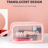 A pink translucent cosmetic storage bag with a clear window showing makeup products.