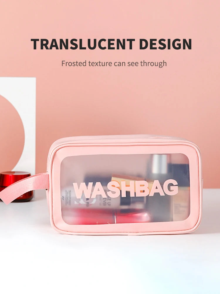 A pink translucent cosmetic storage bag with a clear window showing makeup products.