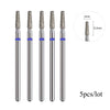 A set of five diamond nail drill bits with varying sizes shown against a white background.