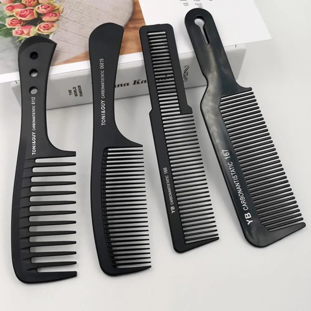 A set of four black anti-static carbon hair combs displayed on a white background.