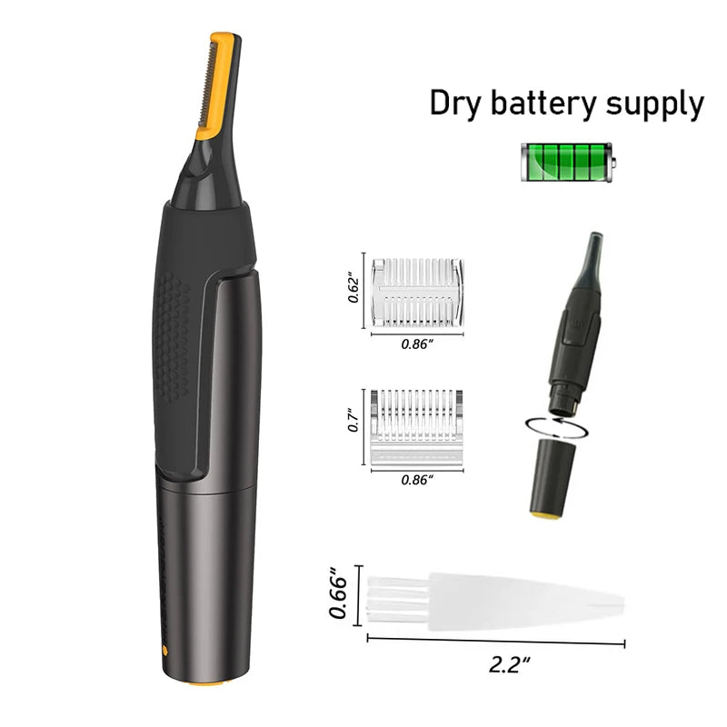 Schwarzer, wiederaufladbarer elektrischer Nasen- und Ohrhaartrimmer mit Trockenbatterie und Trimmer-Guard.