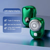 A green mini electric rechargeable travel shaver with an LED digital display and Type-C charging port.