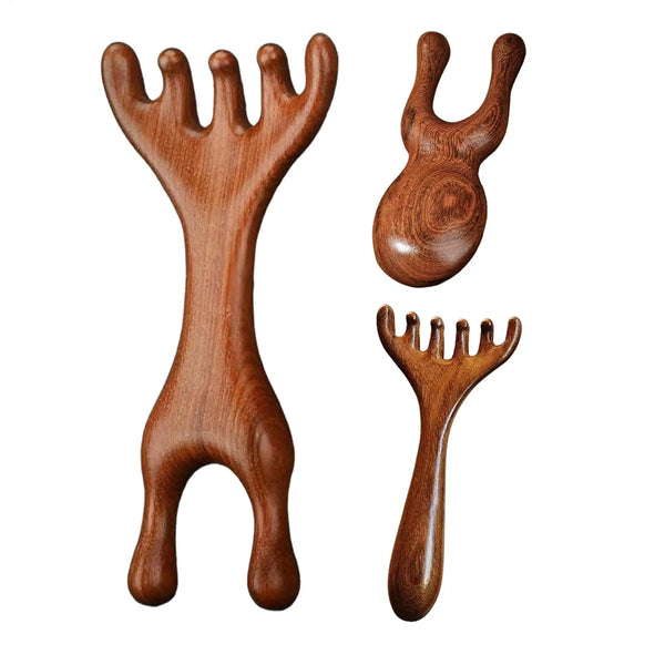 A set of three wooden sandalwood massager combs, including a main comb and two smaller versions.