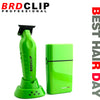 A bright green BRDCLIP professional hair trimmer and its charging case.