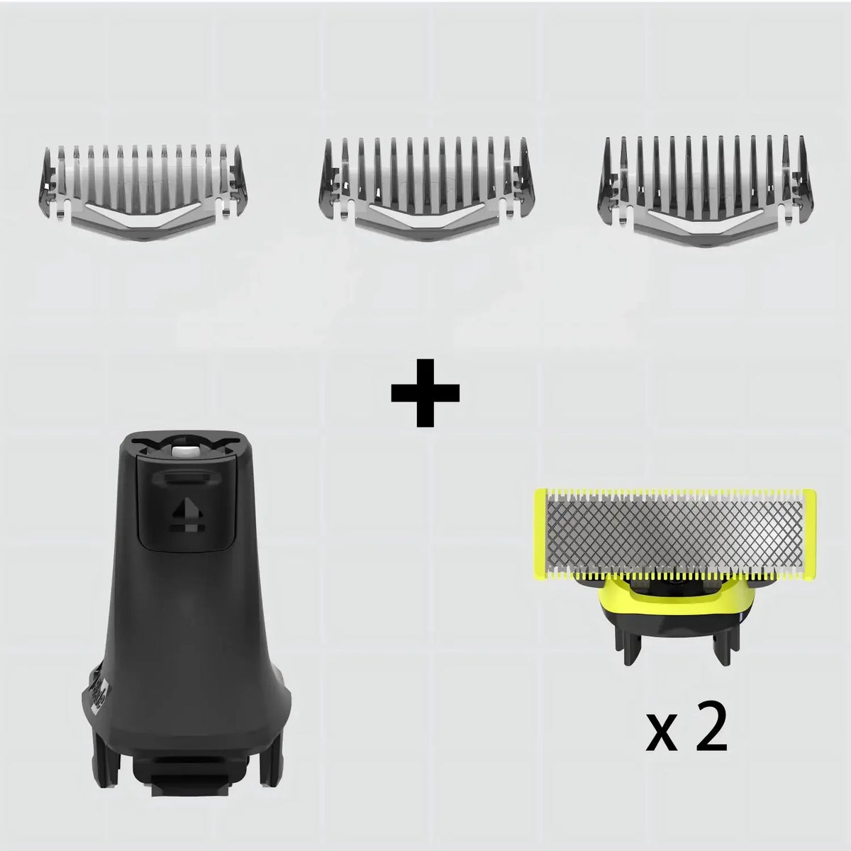 Ersatzklingen-Set für Trimmer, zeigt drei Metallklingen und einen gelb-schwarzen Trimmerkopf.