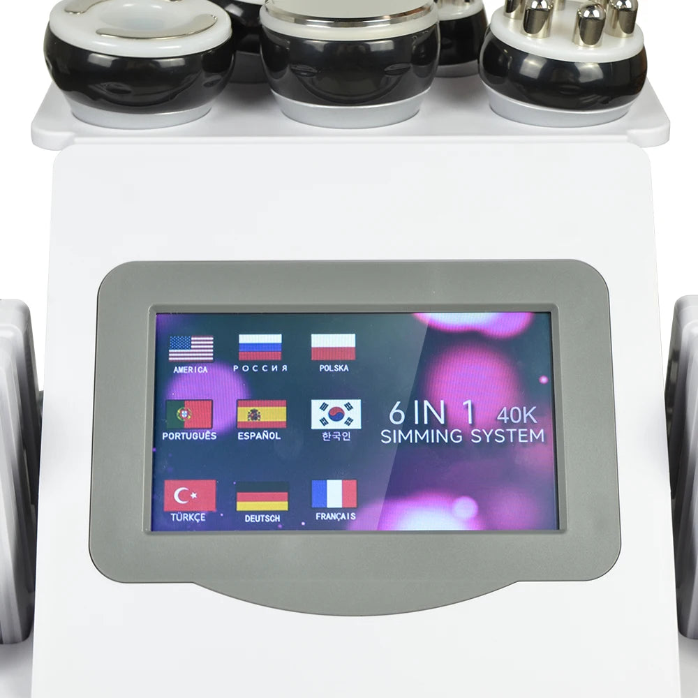 A white electronic device with a screen showing various country flags and the text 6IN1 40K SIMMING SYSTEM.