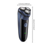A black electric shaver with three shaving heads is shown against a white background.