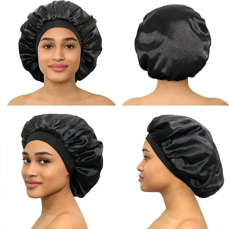 A set of black satin heatless curling rod headbands shown on a model's face and head.