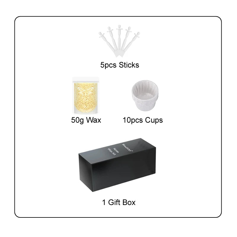 A gift box containing a Painless Nose and Ear Hair Removal Kit with 5pcs sticks, 50g wax, and 10pcs cups.