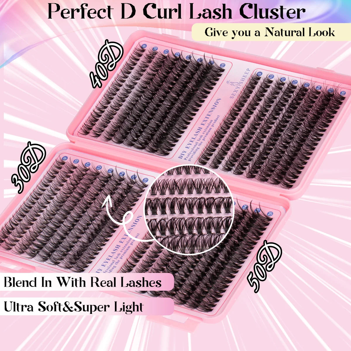 Pink packaging showing a cluster lash kit with 30D, 40D, and 50D lashes for a natural look