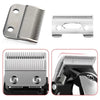 A set of professional rechargeable hair clipper and trimmer blades shown in various forms.