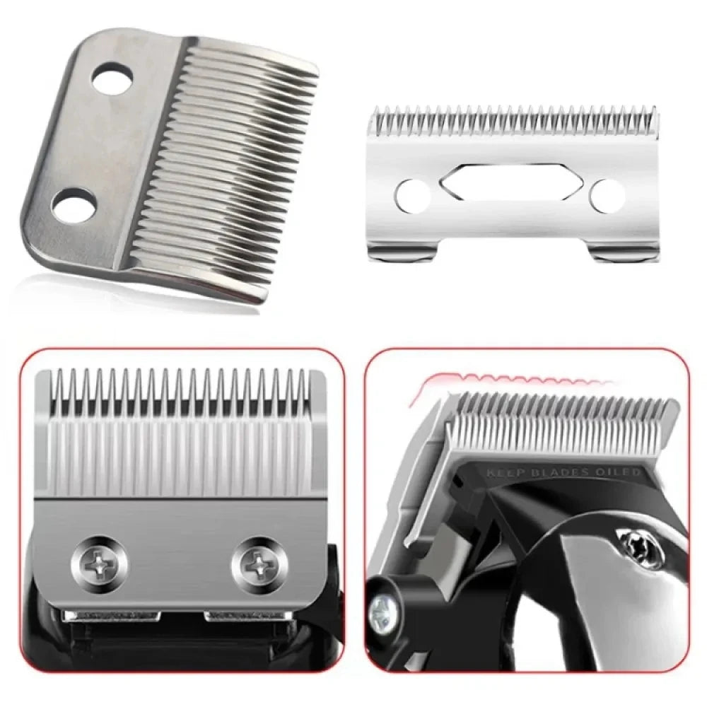 A set of professional rechargeable hair clipper and trimmer blades shown in various forms.