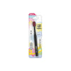 A package of a black soft bristle manual toothbrush for adults with a yellow and pink design.