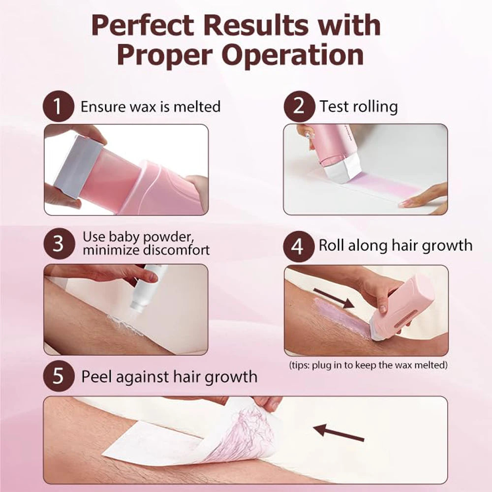 A set of pink waxing tools demonstrating proper operation, including melting wax, testing rolling, and peeling against hair g