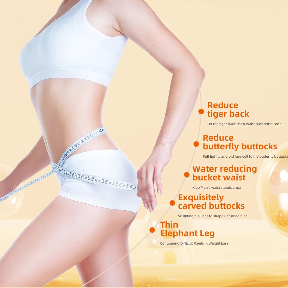 A woman demonstrates the effects of an ultrasonic body sculpting device on her waist and buttocks.
