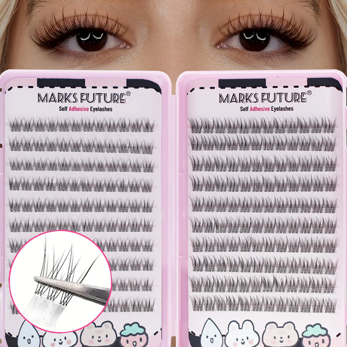 Close-up of pink packaging for Marks Future self adhesive eyelashes showing various lash styles and a detail view of the lash