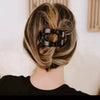 A woman's hair styled in an updo with oval flat clips featuring a tortoiseshell pattern.