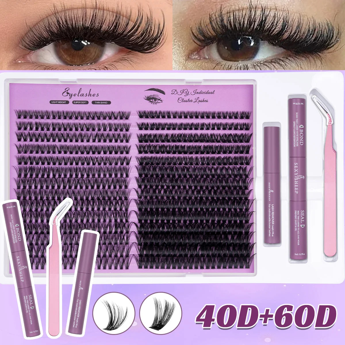 DIY-Kit für Wimpernverlängerungen mit Clustern, Kleber und Pinzetteen, gezeigt neben Nahaufnahmen fertiger Wimpern.