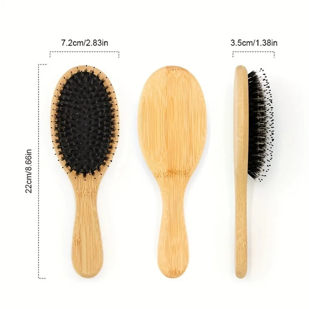 A natural boar bristle hair brush with a bamboo handle shown in three views.