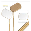 Golden professional stainless steel lash extension mirror set showing the mirror, handle, and cleaning tool.