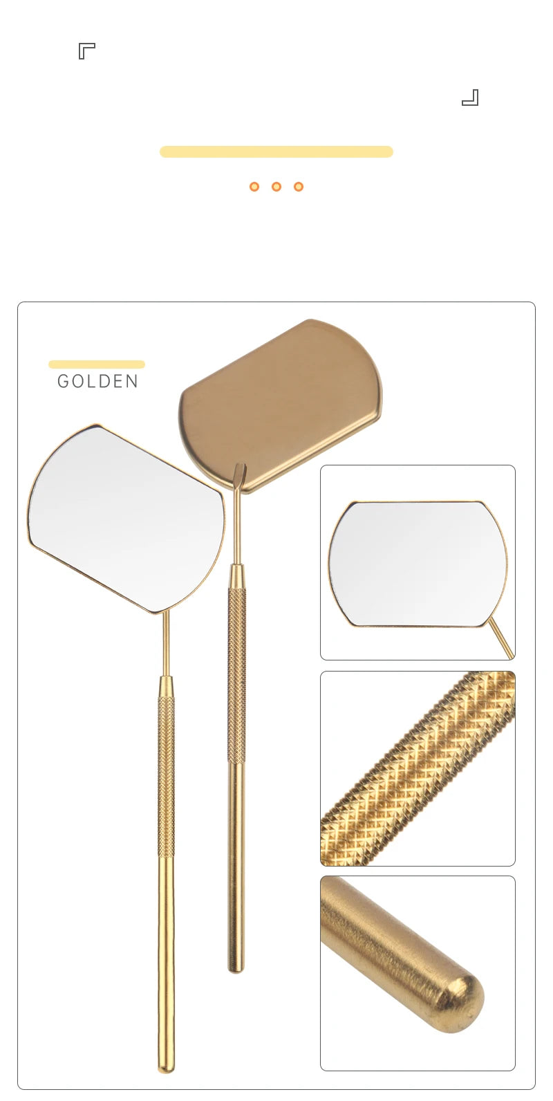 Golden professional stainless steel lash extension mirror set showing the mirror, handle, and cleaning tool.