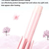A pink automatic ceramic curling iron is shown against a soft, pink floral background.