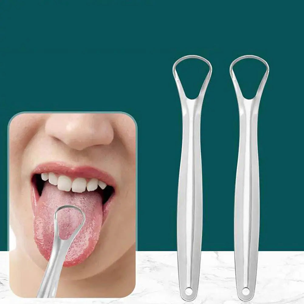 Stainless steel tongue scraper shown next to a human mouth for oral hygiene