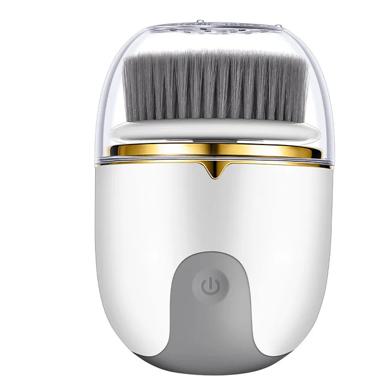 A white electric facial cleanser brush with a gray silicone brush head and gold accents.