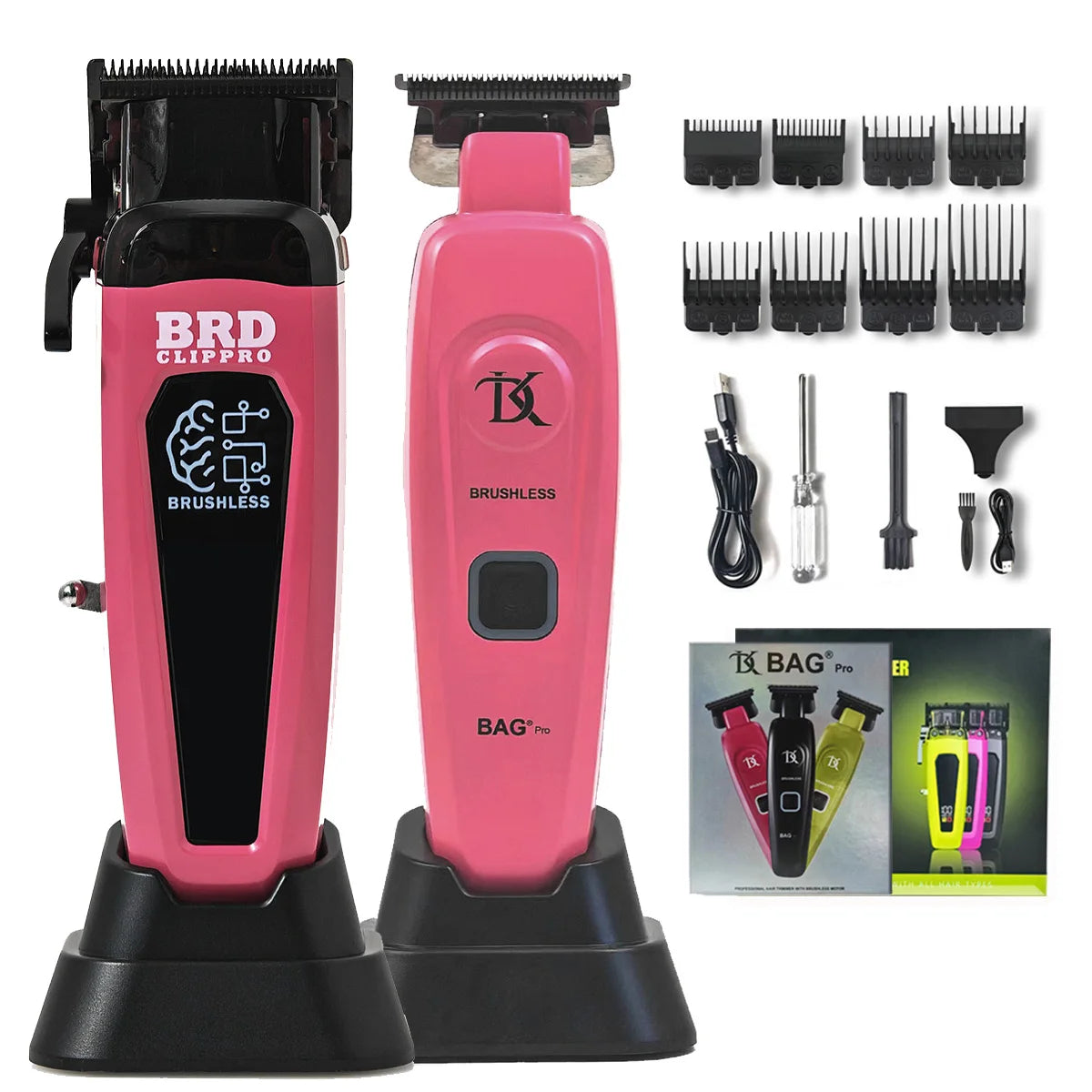 A pink professional brushless rotary hair trimmer kit with various attachments and accessories.