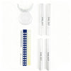 A white U-shaped rechargeable teeth whitening kit with several tubes and a guide is displayed on a white background.