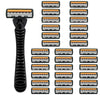 A set of 10 black and orange layered razor blades for a manual shaving device.