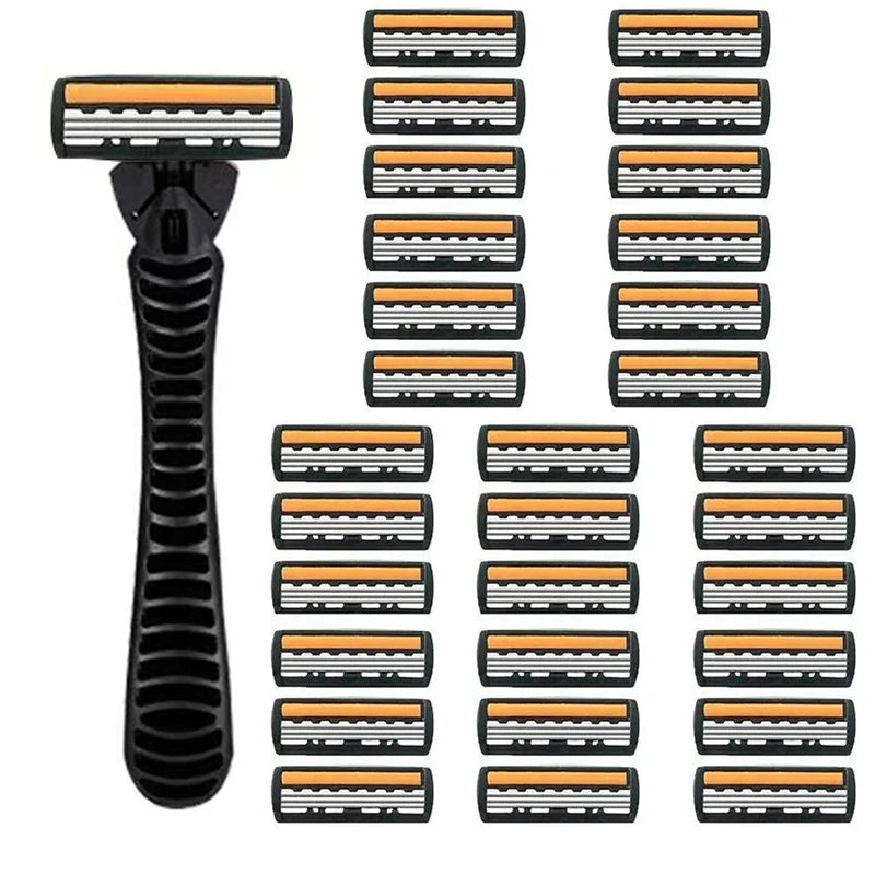 A set of 10 black and orange layered razor blades for a manual shaving device.