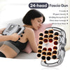 A woman is using a 24-head fascia gun massage device on her shoulder and neck.