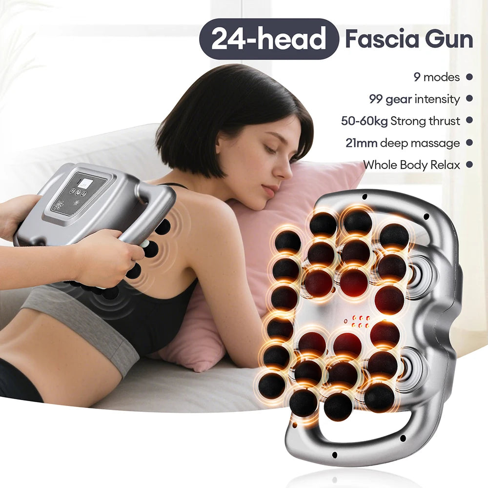 A woman is using a 24-head fascia gun massage device on her shoulder and neck.
