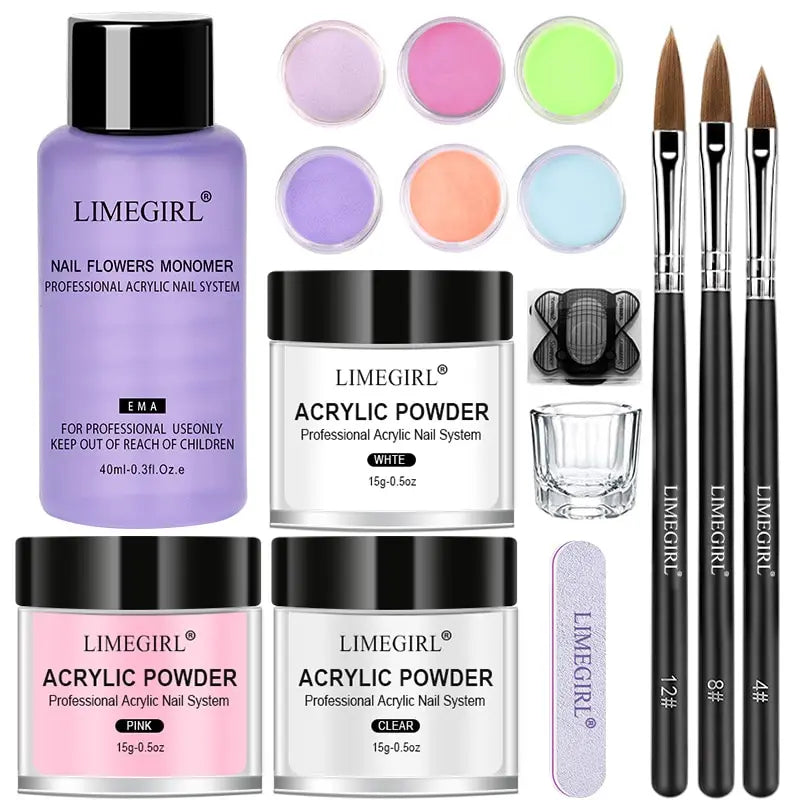 Limegirl acrylic powder and liquid nail system kit with various colored powders and applicators